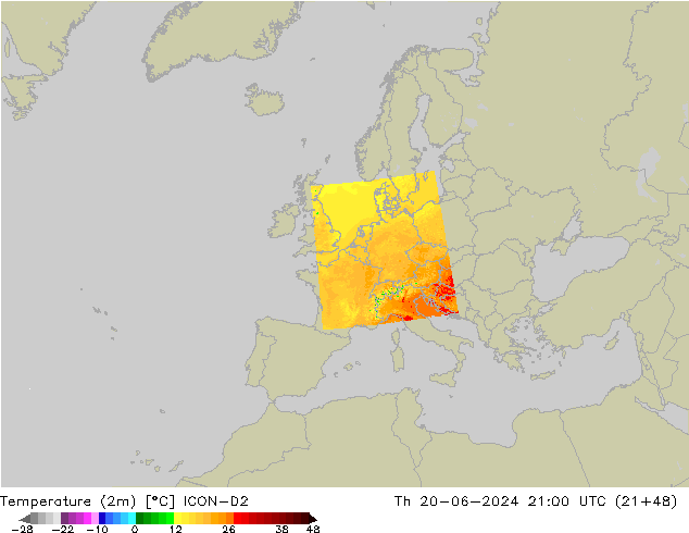 Temperatuurkaart (2m) ICON-D2 do 20.06.2024 21 UTC