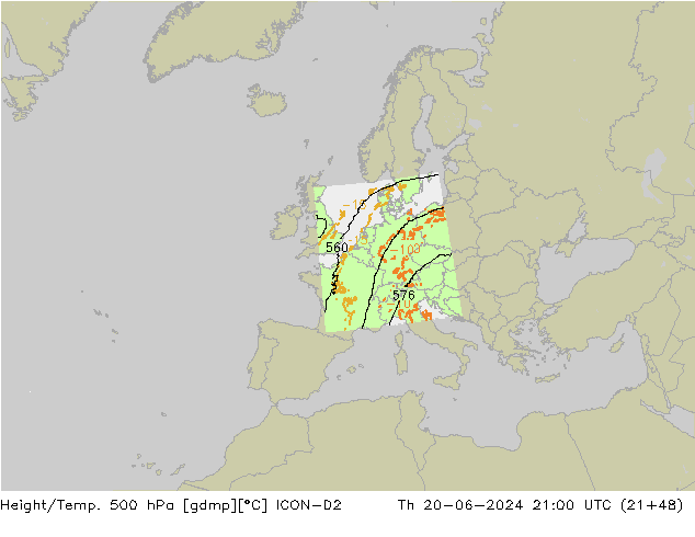 Height/Temp. 500 hPa ICON-D2 Th 20.06.2024 21 UTC