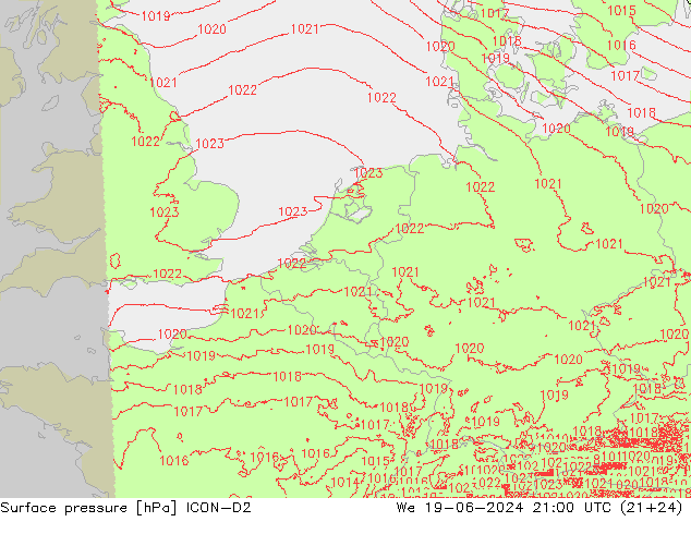 地面气压 ICON-D2 星期三 19.06.2024 21 UTC