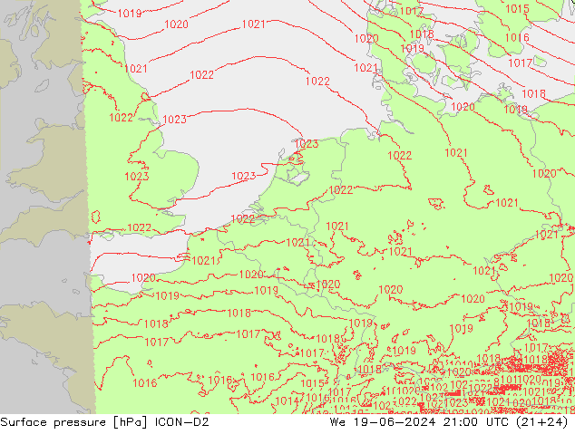 Pressione al suolo ICON-D2 mer 19.06.2024 21 UTC