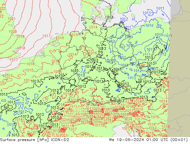 Atmosférický tlak ICON-D2 St 19.06.2024 01 UTC