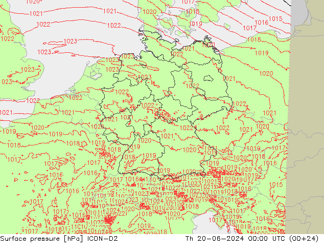 Surface pressure ICON-D2 Th 20.06.2024 00 UTC