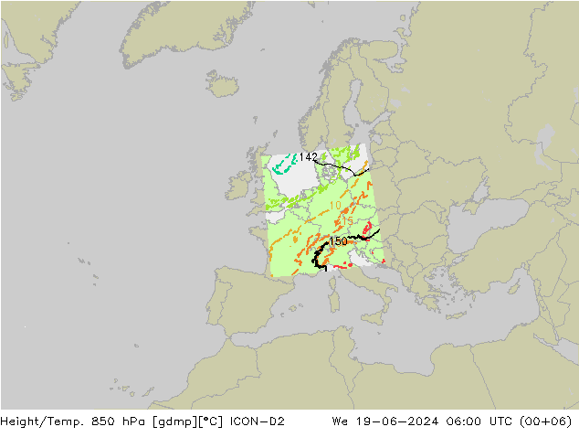 Height/Temp. 850 hPa ICON-D2 Mi 19.06.2024 06 UTC