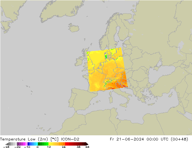 Temperature Low (2m) ICON-D2 Fr 21.06.2024 00 UTC