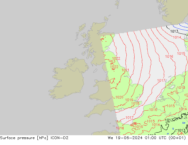 Presión superficial ICON-D2 mié 19.06.2024 01 UTC