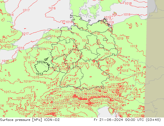 Pressione al suolo ICON-D2 ven 21.06.2024 00 UTC