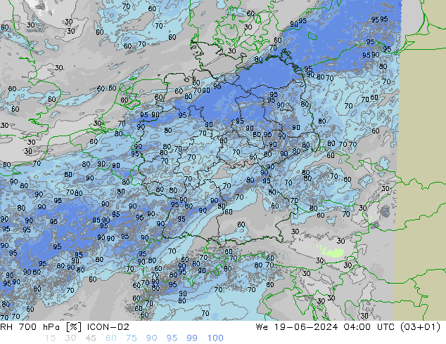 RH 700 hPa ICON-D2 śro. 19.06.2024 04 UTC