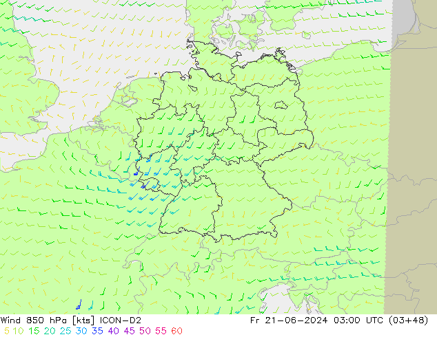 wiatr 850 hPa ICON-D2 pt. 21.06.2024 03 UTC