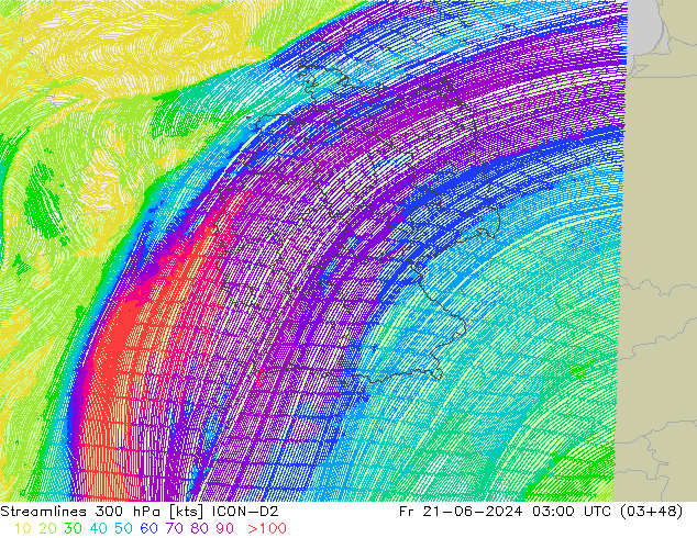 Linia prądu 300 hPa ICON-D2 pt. 21.06.2024 03 UTC