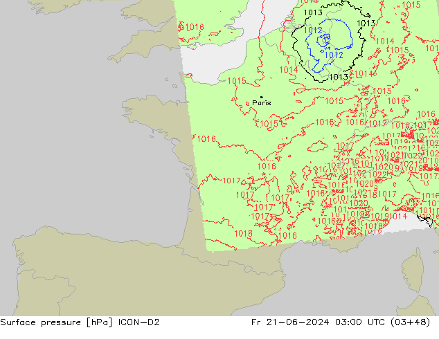 Surface pressure ICON-D2 Fr 21.06.2024 03 UTC