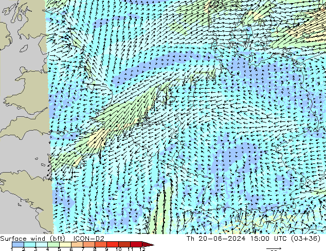 ве�Bе�@ 10 m (bft) ICON-D2 чт 20.06.2024 15 UTC