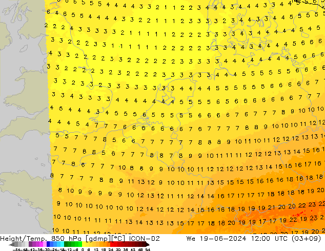 Height/Temp. 850 hPa ICON-D2 Qua 19.06.2024 12 UTC