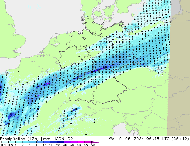 Totale neerslag (12h) ICON-D2 wo 19.06.2024 18 UTC