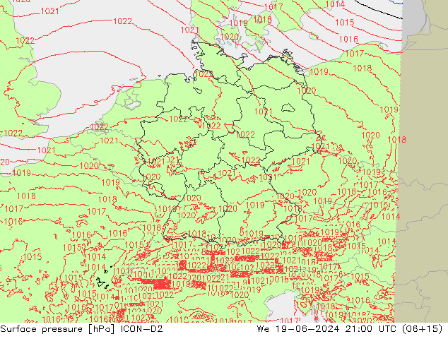 Presión superficial ICON-D2 mié 19.06.2024 21 UTC