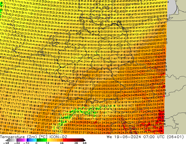 карта температуры ICON-D2 ср 19.06.2024 07 UTC