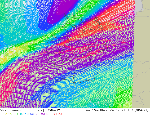 Stroomlijn 300 hPa ICON-D2 wo 19.06.2024 12 UTC