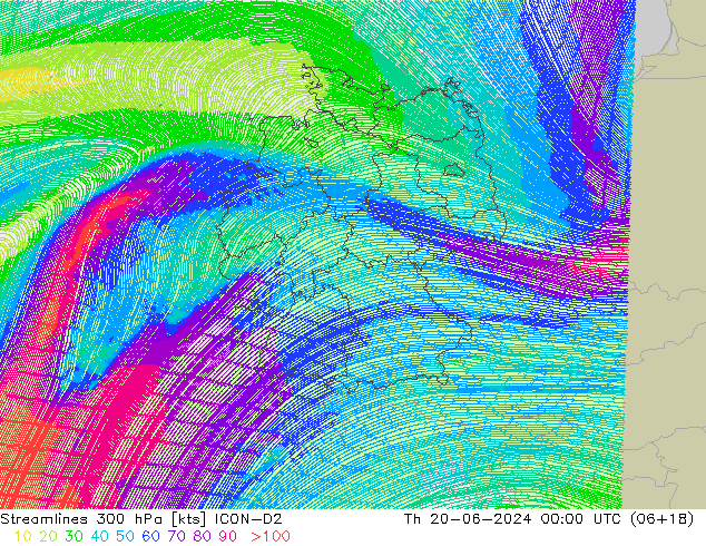 Linea di flusso 300 hPa ICON-D2 gio 20.06.2024 00 UTC