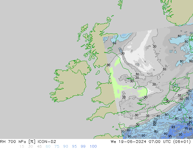 700 hPa Nispi Nem ICON-D2 Çar 19.06.2024 07 UTC