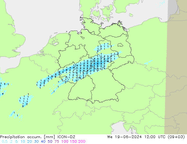 Precipitation accum. ICON-D2 We 19.06.2024 12 UTC