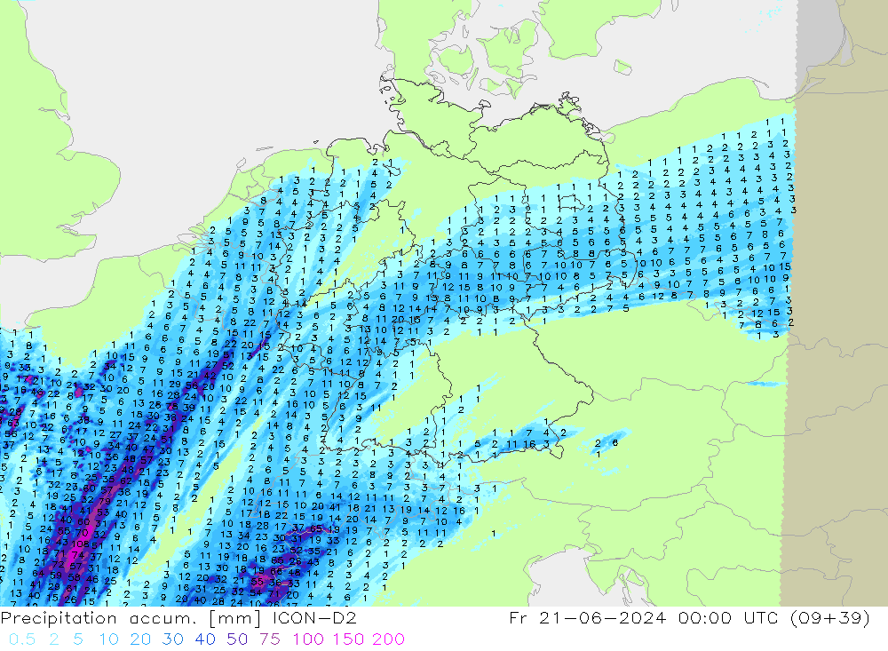 Precipitation accum. ICON-D2 пт 21.06.2024 00 UTC