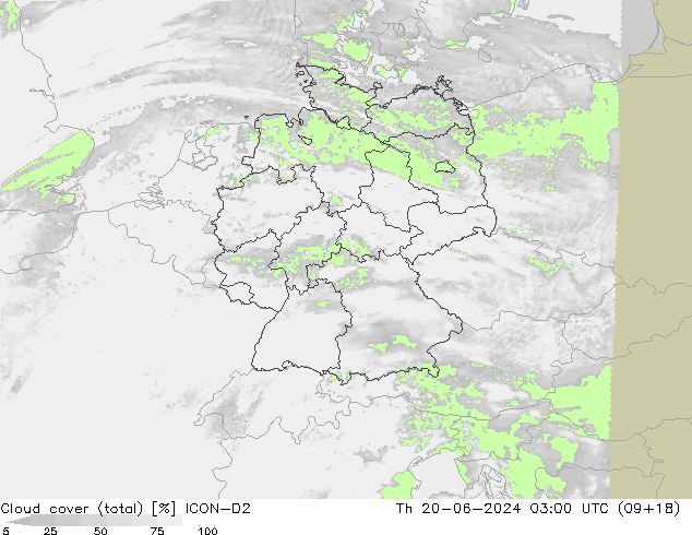 Cloud cover (total) ICON-D2 Th 20.06.2024 03 UTC