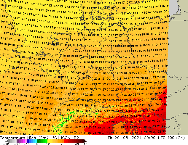 Temperature High (2m) ICON-D2 Th 20.06.2024 09 UTC