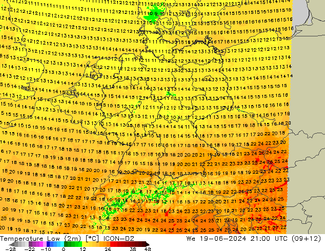 Tiefstwerte (2m) ICON-D2 Mi 19.06.2024 21 UTC