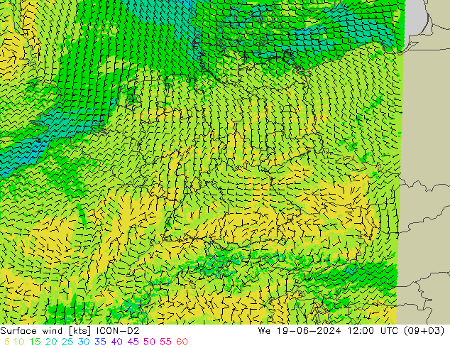 Surface wind ICON-D2 We 19.06.2024 12 UTC