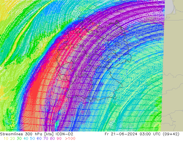 Linia prądu 300 hPa ICON-D2 pt. 21.06.2024 03 UTC