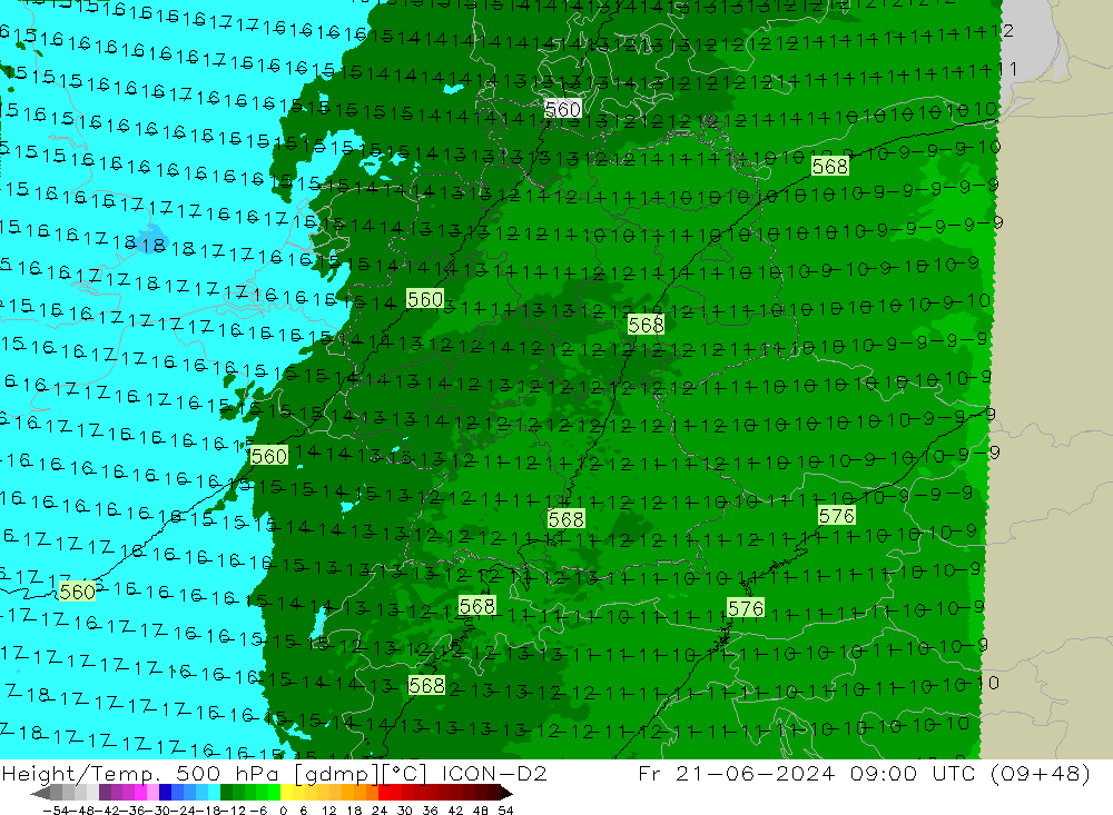 Height/Temp. 500 гПа ICON-D2 пт 21.06.2024 09 UTC