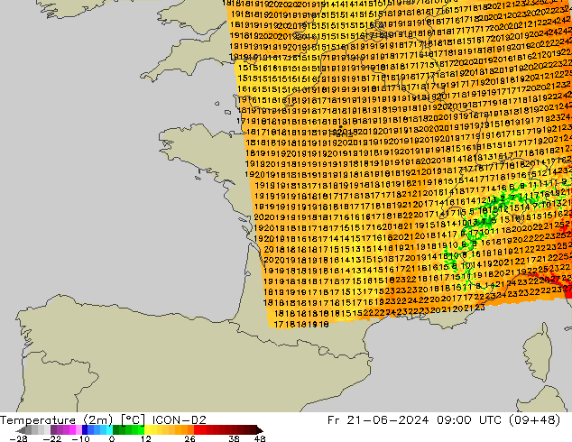mapa temperatury (2m) ICON-D2 pt. 21.06.2024 09 UTC