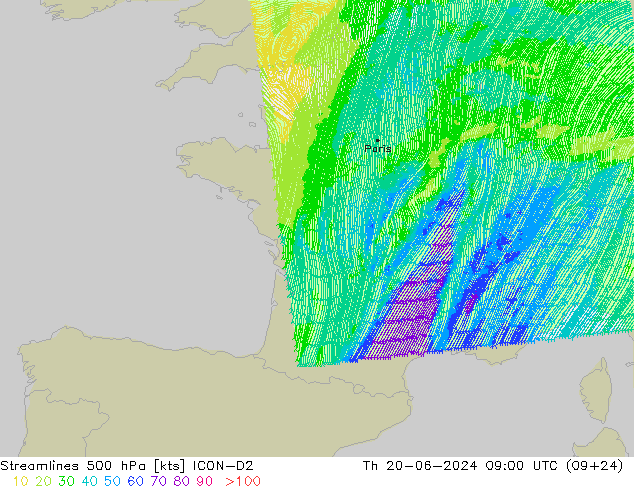 Ligne de courant 500 hPa ICON-D2 jeu 20.06.2024 09 UTC