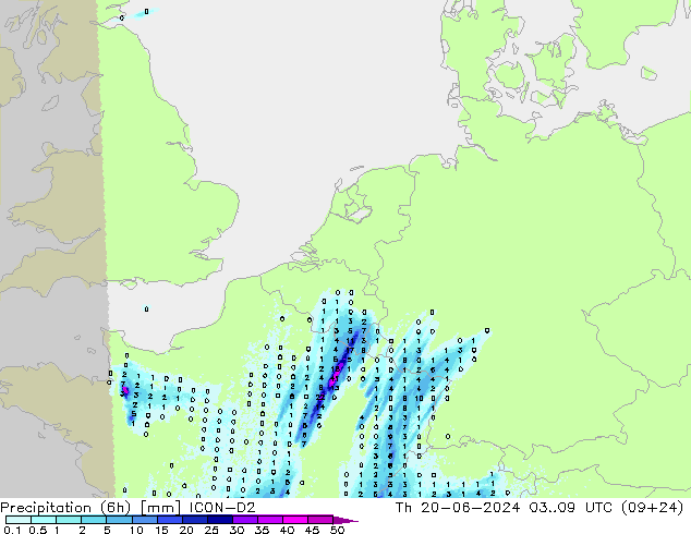 осадки (6h) ICON-D2 чт 20.06.2024 09 UTC