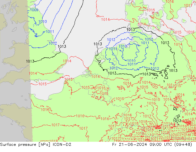 Presión superficial ICON-D2 vie 21.06.2024 09 UTC