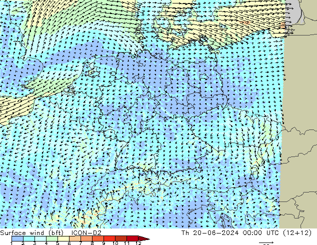 Wind 10 m (bft) ICON-D2 do 20.06.2024 00 UTC