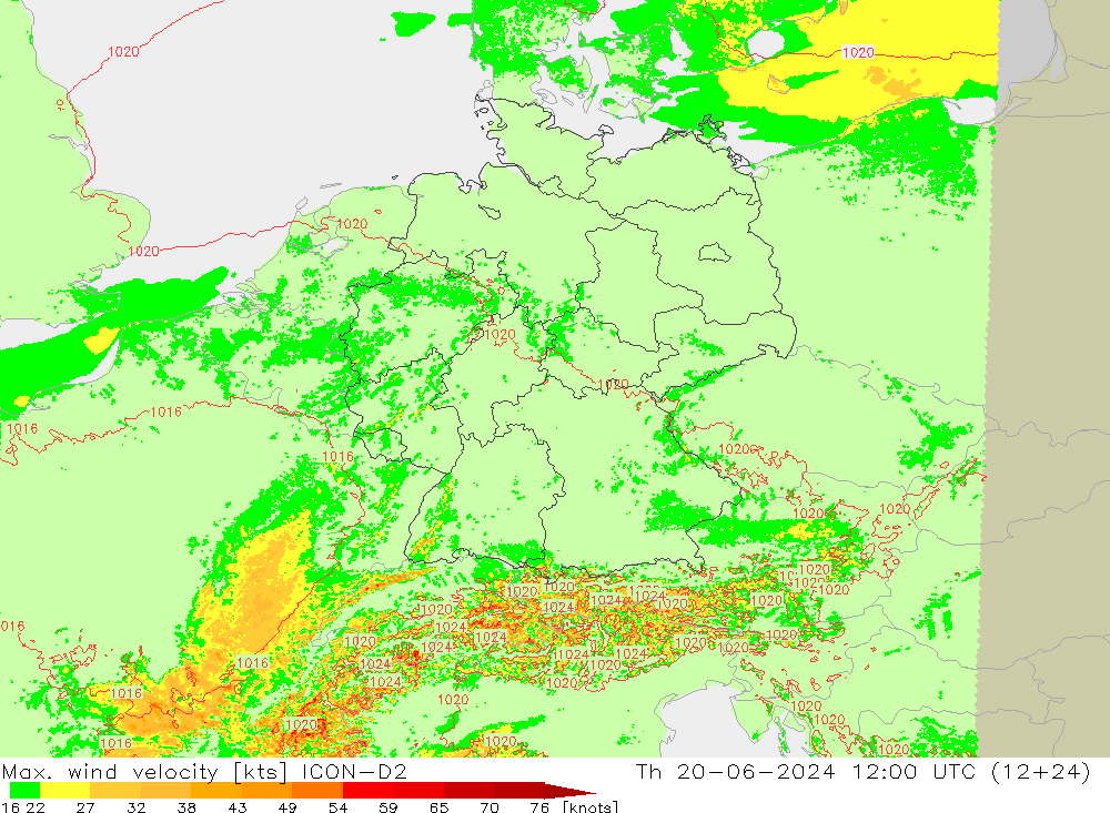 Max. wind velocity ICON-D2 Th 20.06.2024 12 UTC