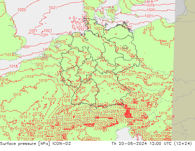 Surface pressure ICON-D2 Th 20.06.2024 12 UTC