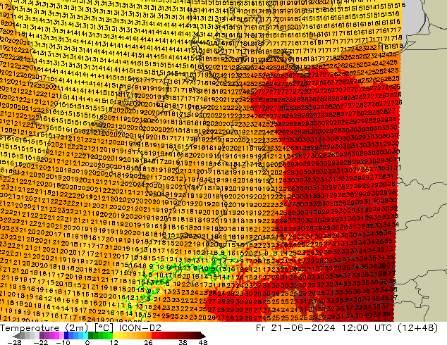 mapa temperatury (2m) ICON-D2 pt. 21.06.2024 12 UTC