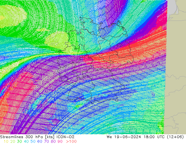 风 300 hPa ICON-D2 星期三 19.06.2024 18 UTC