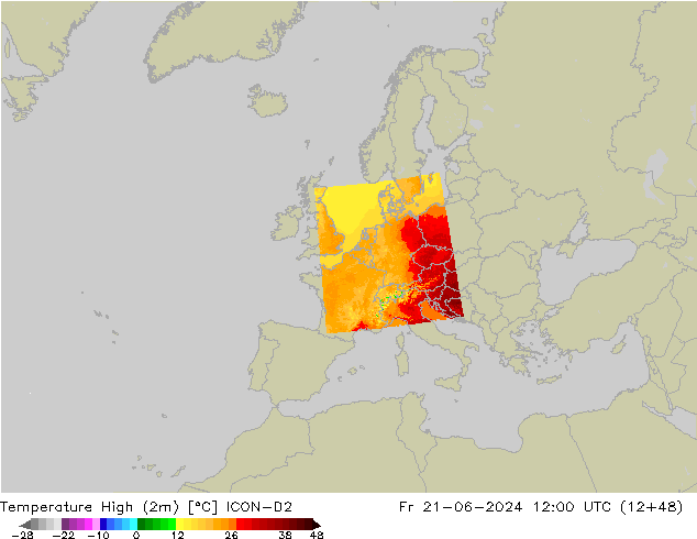 Max.temperatuur (2m) ICON-D2 vr 21.06.2024 12 UTC