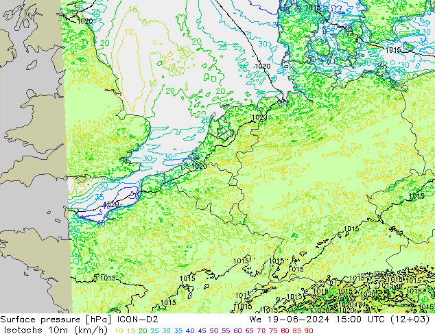 Eşrüzgar Hızları (km/sa) ICON-D2 Çar 19.06.2024 15 UTC