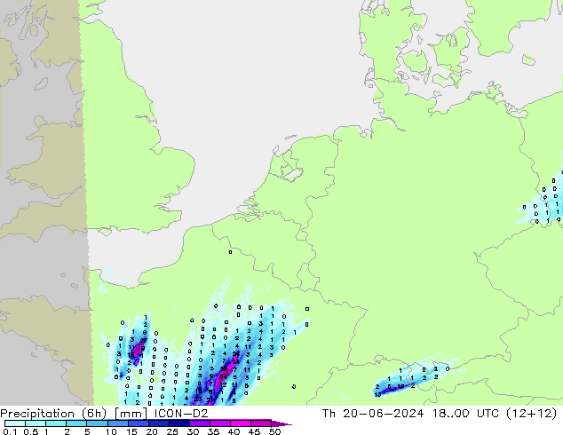 Precipitation (6h) ICON-D2 Th 20.06.2024 00 UTC