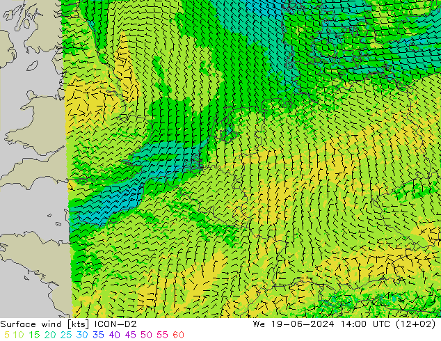 Viento 10 m ICON-D2 mié 19.06.2024 14 UTC