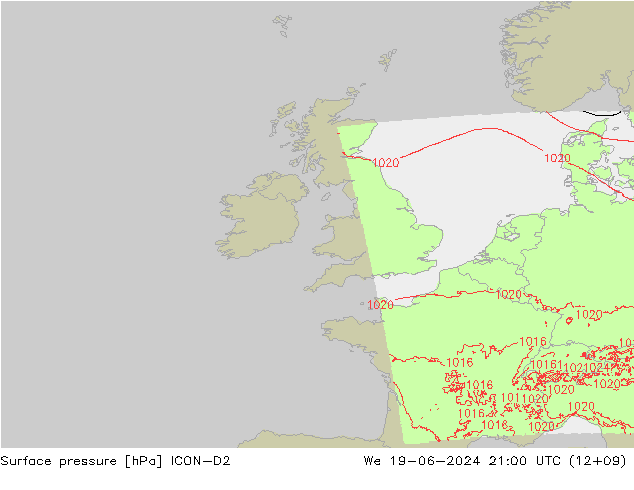 Surface pressure ICON-D2 We 19.06.2024 21 UTC