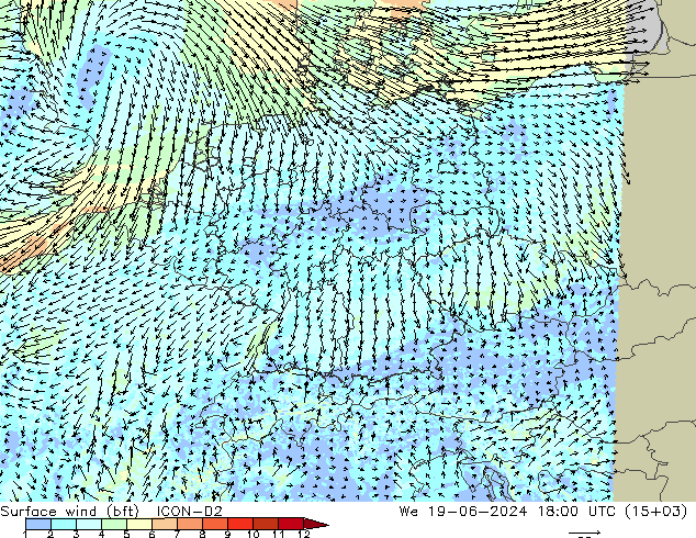 Bodenwind (bft) ICON-D2 Mi 19.06.2024 18 UTC