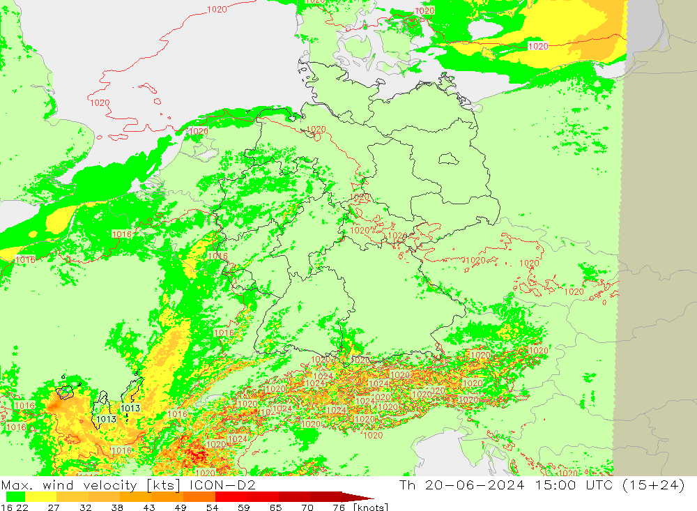 Max. wind velocity ICON-D2 Th 20.06.2024 15 UTC