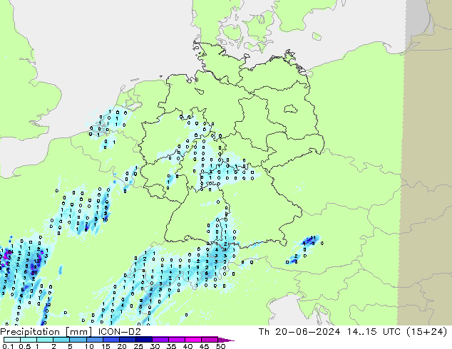 Srážky ICON-D2 Čt 20.06.2024 15 UTC