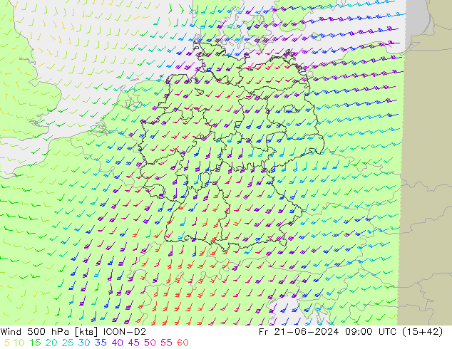 Wind 500 hPa ICON-D2 Fr 21.06.2024 09 UTC