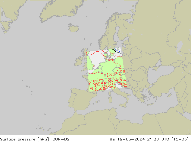 Surface pressure ICON-D2 We 19.06.2024 21 UTC