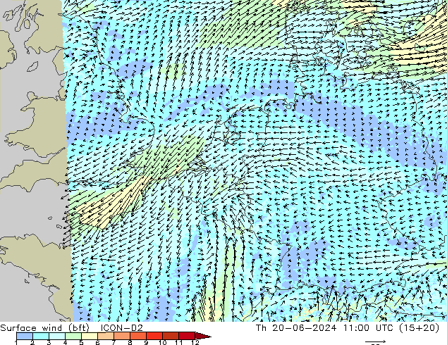 Surface wind (bft) ICON-D2 Th 20.06.2024 11 UTC